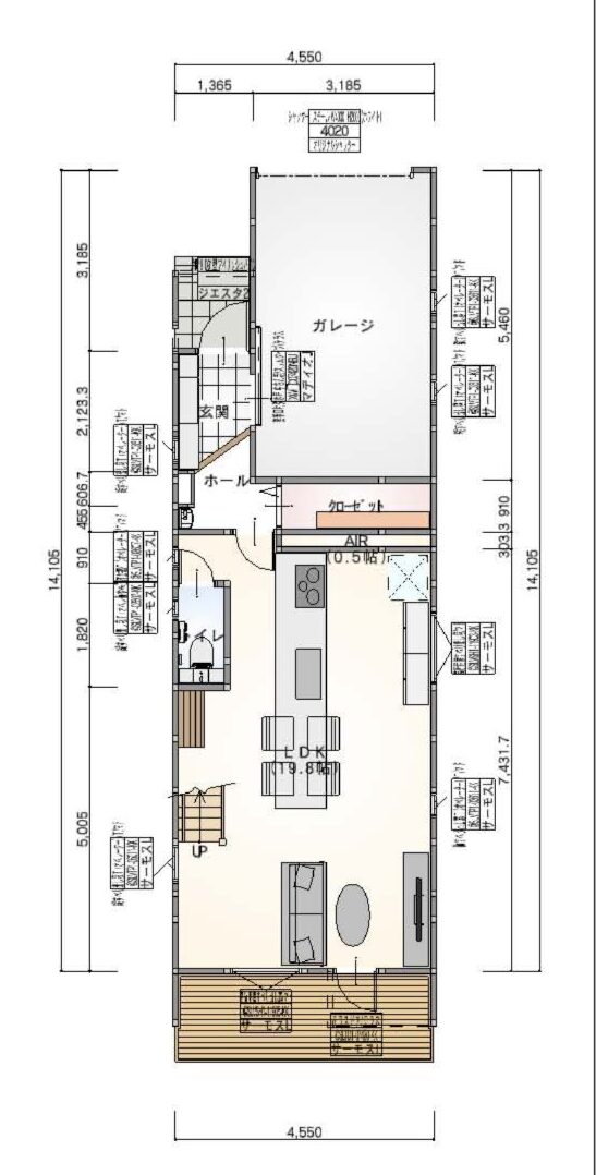 縦長の二階建てのビルトインガレージ